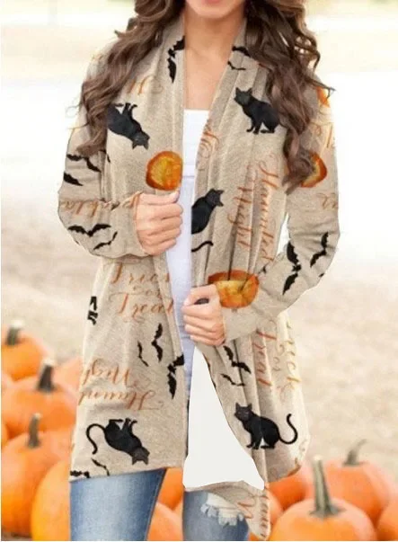 Halloween Cardigan for Women Pumpkin Cat Print Knitted Cardigans Sweaters Lightweight Long Sleeve Open Front Outwear