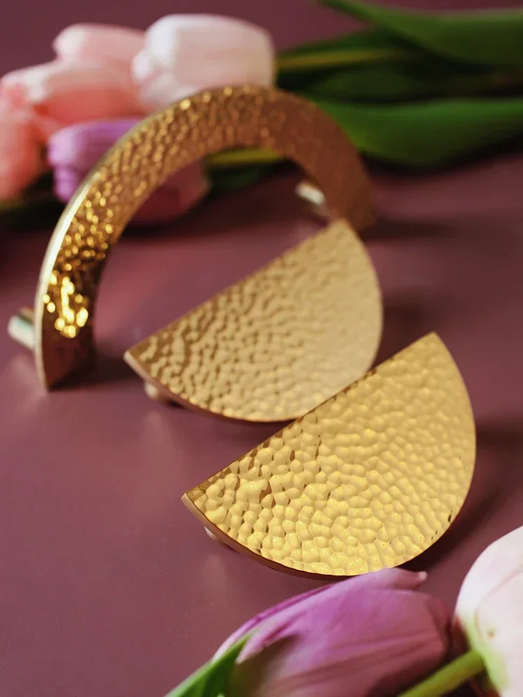 Handmade Hammer Pattern Brass Cabinet Door Handles Light Luxury Wardrobe Simple Golden Half Round Handles for Furniture