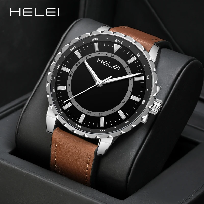 ساعة يد بسوار من الجلد الطبيعي للرجال ، ساعة كوارتز رياضية غير رسمية ، تاريخ ، موضة جديدة