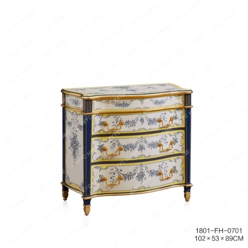 Chest cabinet palace style luxury romantic solid wood blue and white flower hand painted carved dining side cabinet foyer