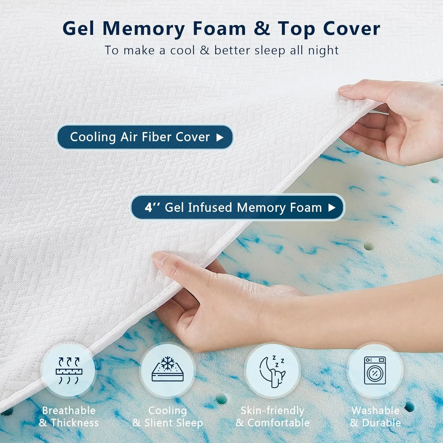 Memory Foam Mattress Topper - 4 Inch Gel Cooling Mattress Pad for Queen Size Bed with Removable Washable Cover(21'' Deep Pock