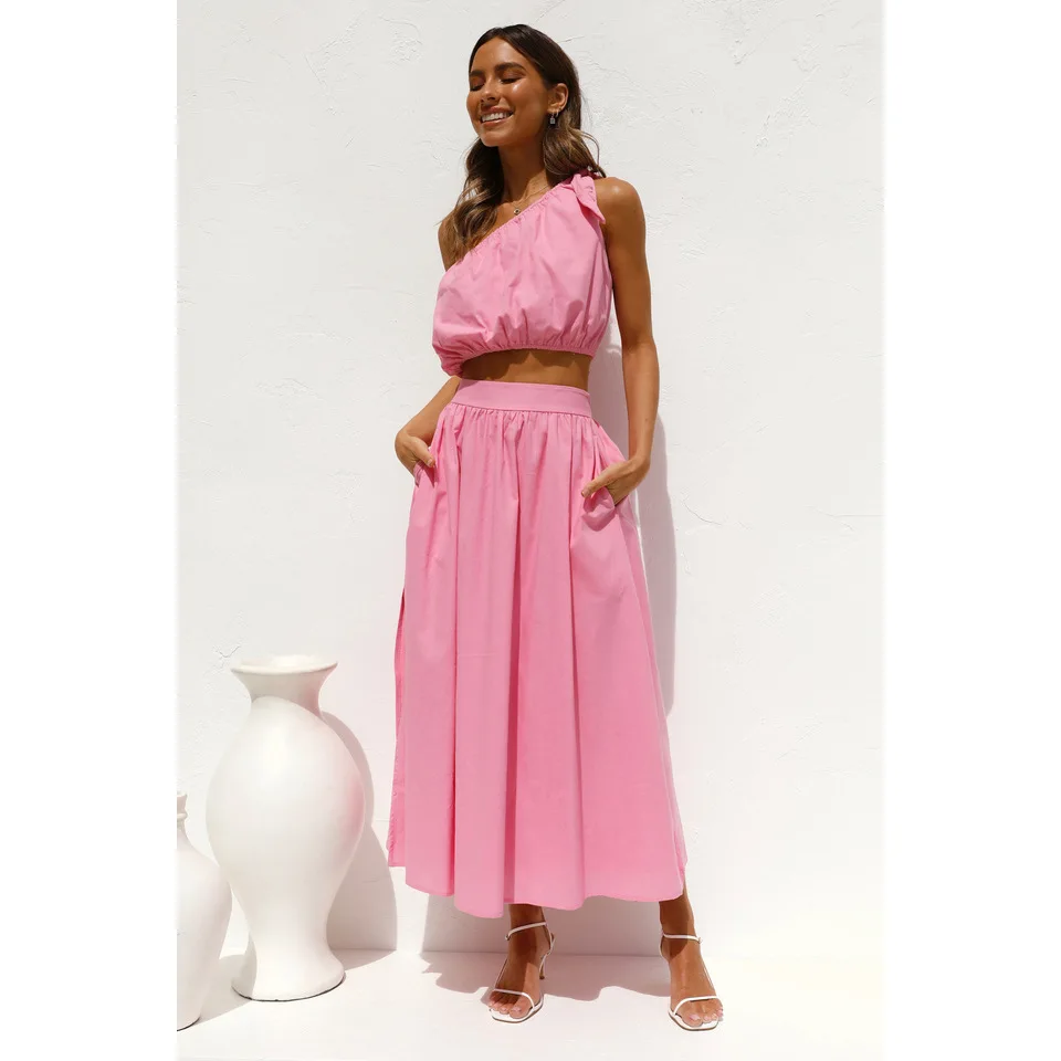 2026 Spring/summer New Solid Color Elegant  Asymmetric Tie Two-piece Dress 22034 Dress Elegant Beach Elegant Party