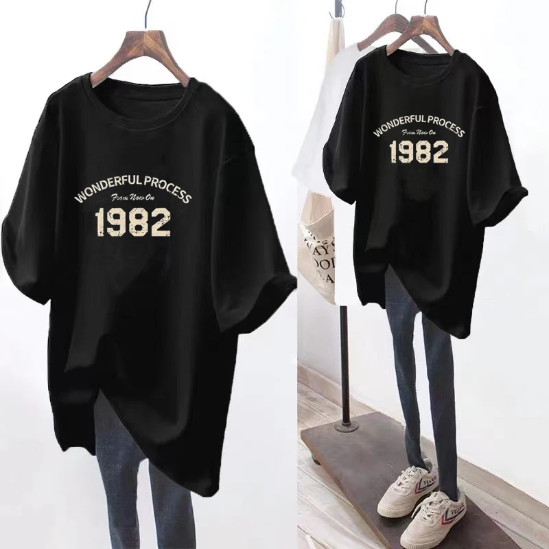 JY 2024 Summer New Fashion Solid Color Cotton Letter Short Sleeves Loose Mid length Wrapped Hip Large Women's Knitted T-shirt