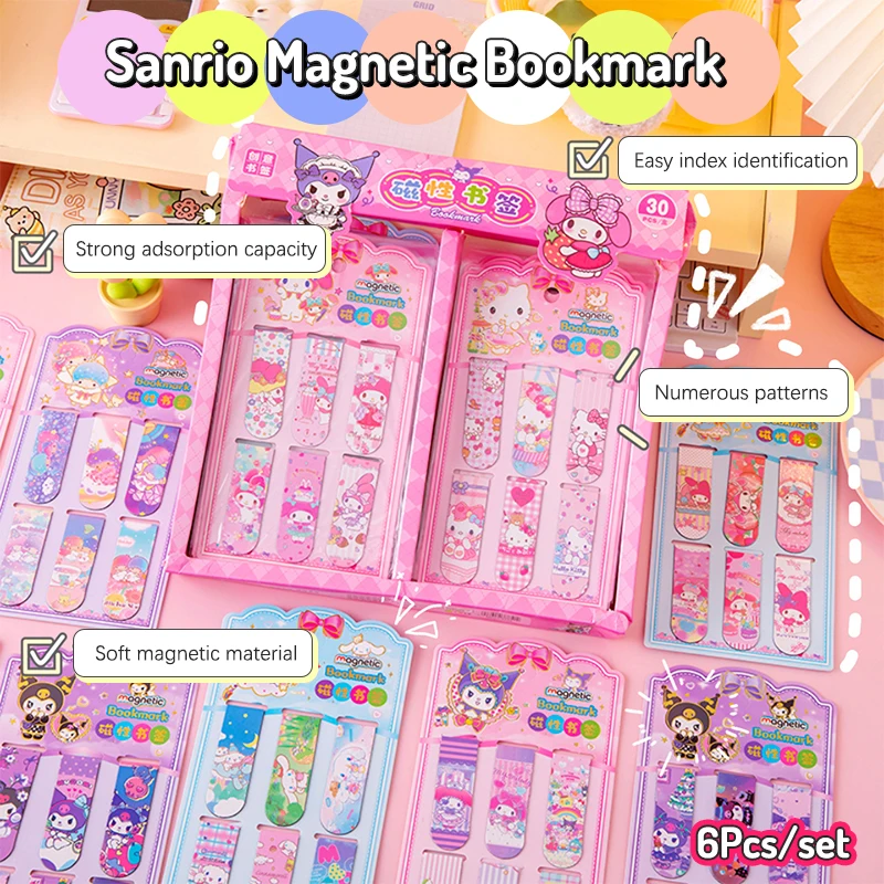 Sanrio Magnetic Cartoon Bookmark, Kuromi Melody Page Marker, Escola e Escritório Papelaria, Birthday Gift Supply, 6pcs