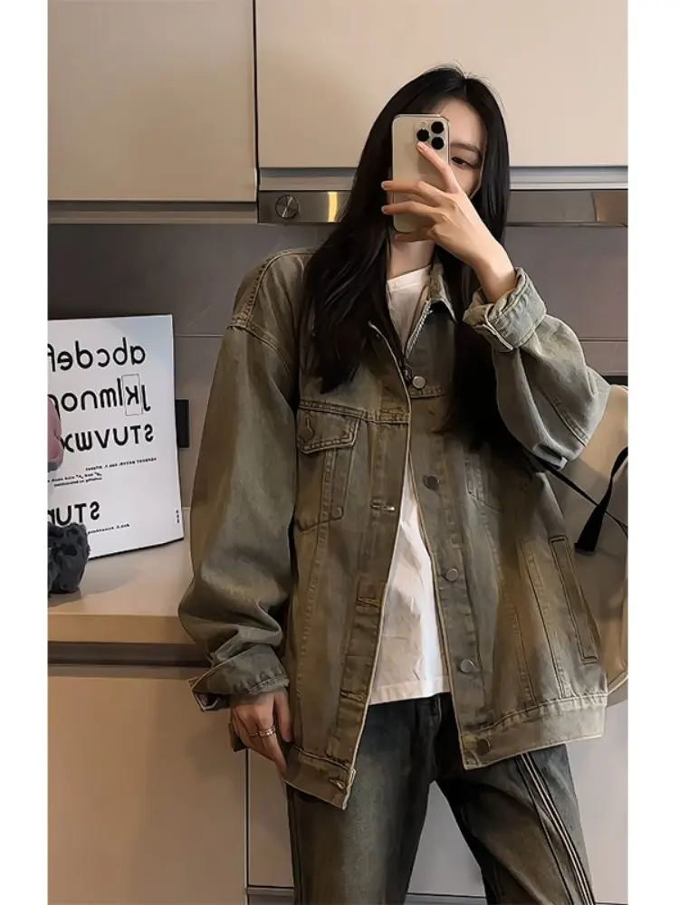 

Autumn Winter Denim Jaet Yellow Mud Color American High Street Cleanfit Couple's Jaet Loose Fit Multi ket Water Wa