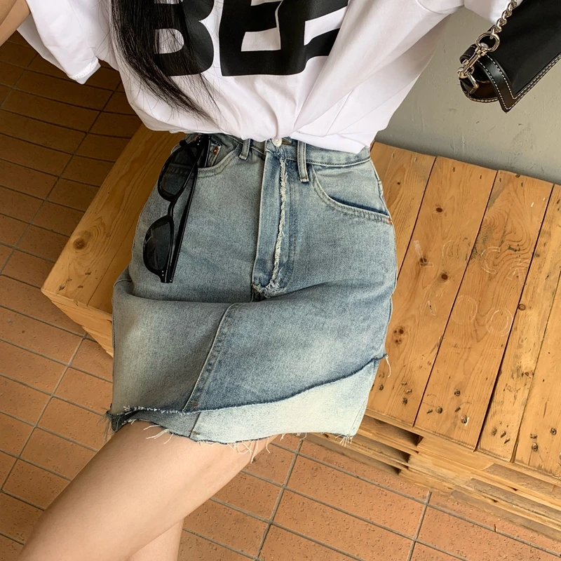 Asymmetrical Skirts Women Summer High Waist Frayed Fashion Patchwork Korean Style Retro Daily Elegant Leisure Harajuku Y2K Slim