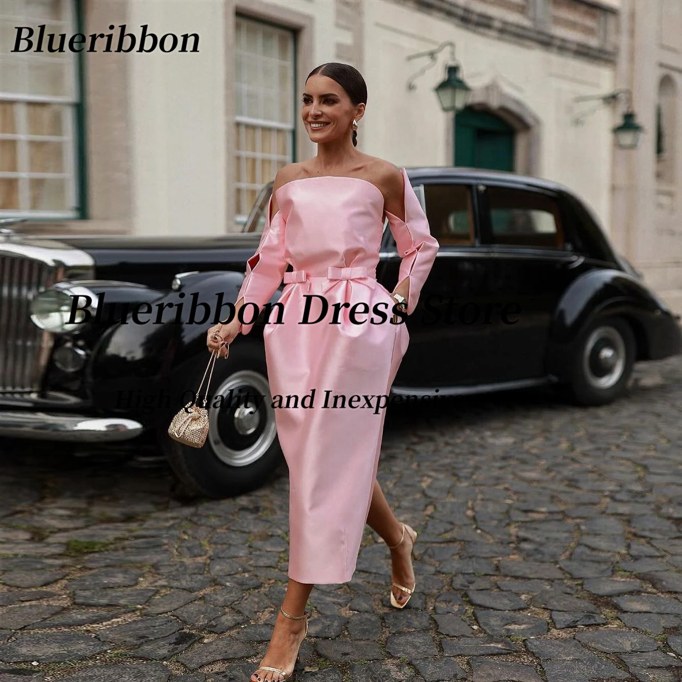 

Blueribbon Pink Prom Dresses with Bows Pockets Sexy Back Slit Evening Gowns Detachable Long Sleeves Holiday Party Special Dress