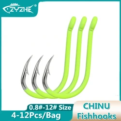 ZYZHE 4~12pcs Fluorescent Yellow Chinu Hooks High Carbon Steel Sea or Freshwater Fishing Sharp Offset Hook Point Fishhooks