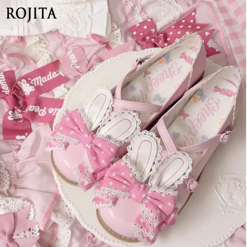 Zapatos rosas con lazo en la oreja de conejo y lunares, zapatos de cuero de tacón bajo, punta redonda, tacón plano, zapatos de cuero pequeños para primavera y otoño
