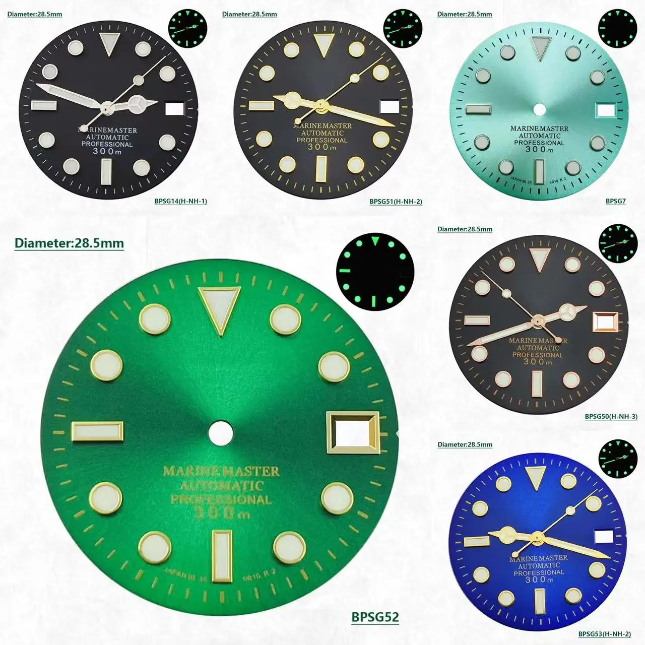 Black Green Blue 28.5mm Green Glow Hot Selling SUB s logo dial Silver Gold Gold needle set 28.5mm s dial 35 automatic movement