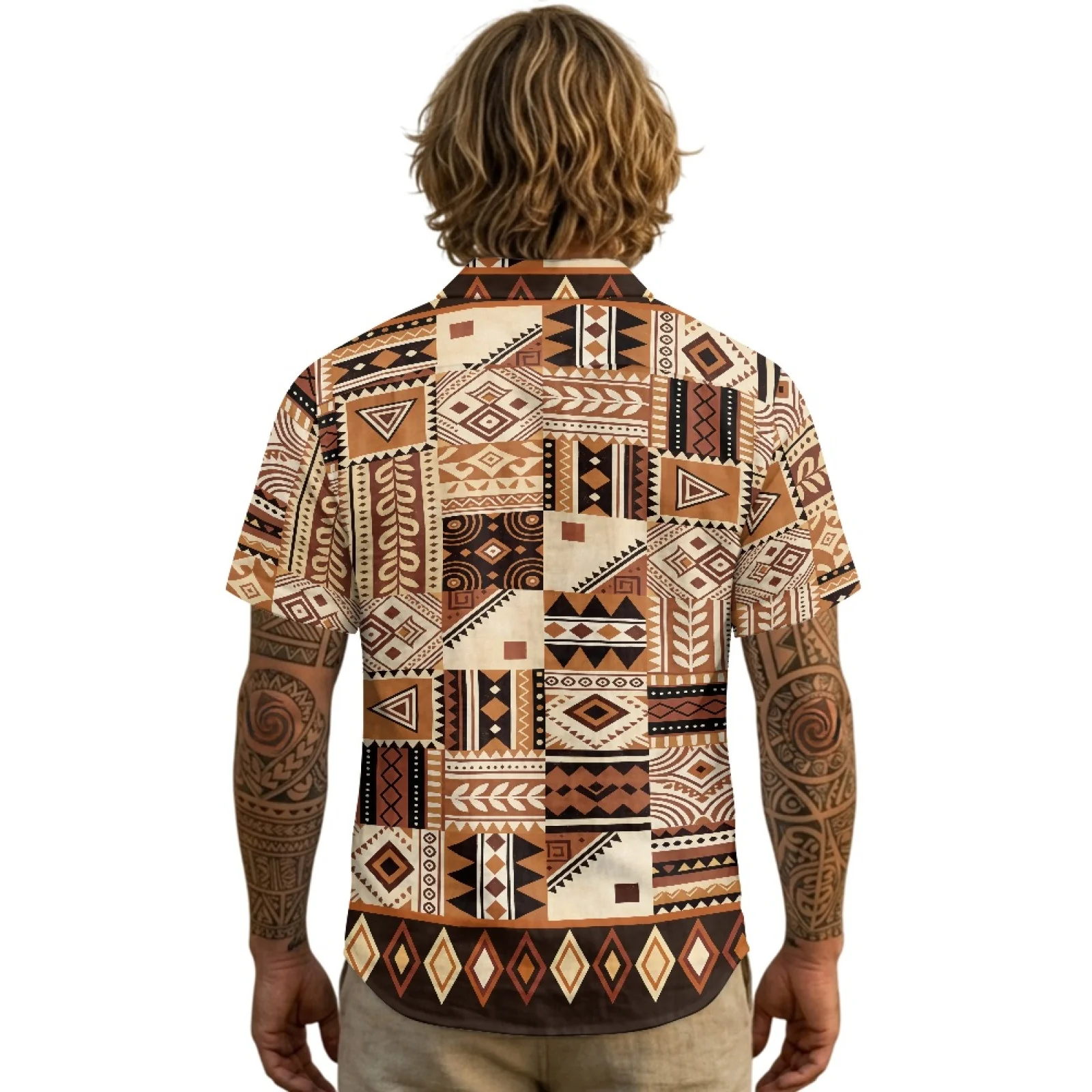 PENSTROLL Geometric Patchwork Linen Like Men's Top Lapel Button Down for Male With Pocket Short Sleeved T-shirt