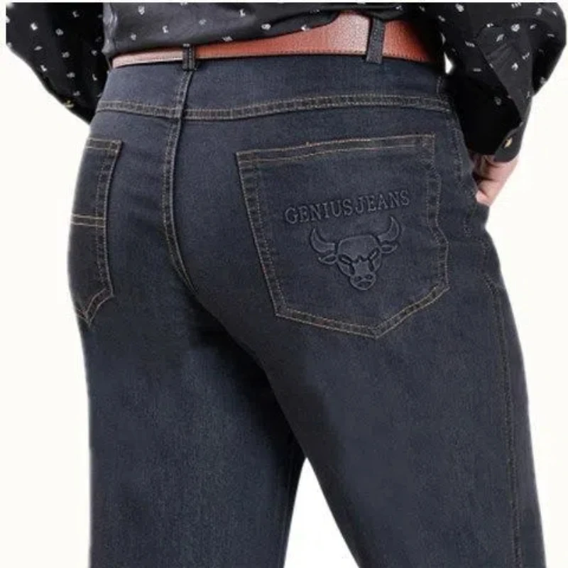Moda inverno lavado angustiado jeans roupas mais velo engrossar solto em linha reta cintura alta baggy elástico calças casuais jj683
