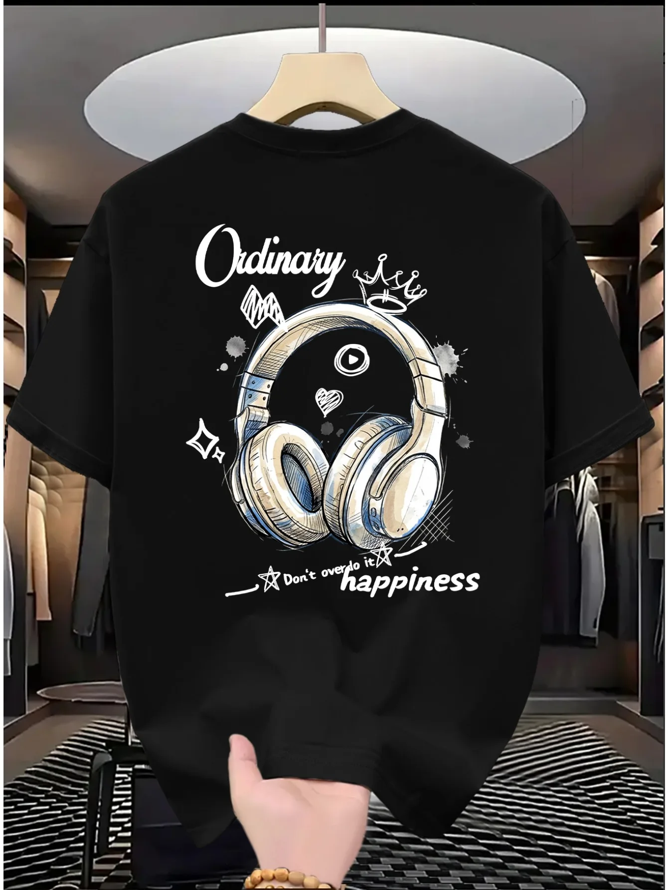 Summer Casual Trend Men T-shirt with Fashionable Earphone Pattern Simple  Versatile Design Made 100% Pure Cotton Soft Material