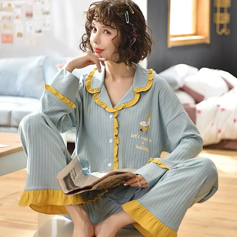 Large Size Home Clothing Autumn and Winter High-grade Double-sided Pure Cotton Pajamas Women Spring and Autumn Long Sleeve