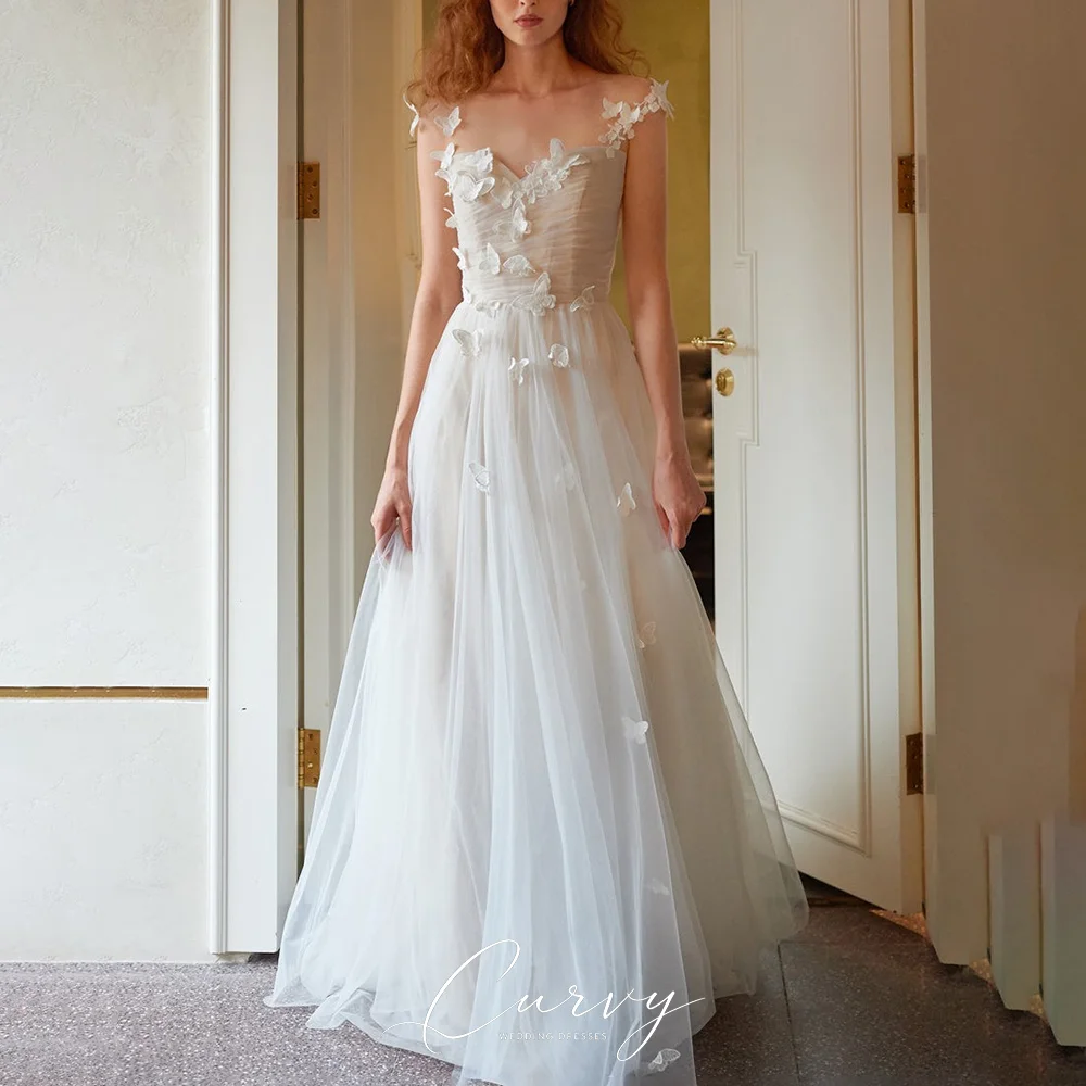 Curvy Romantic Whimsical Sweetheart Wedding Dresses for Women Vestido de Novia Butterfly Applique Tulle A-Line Bridal Gown