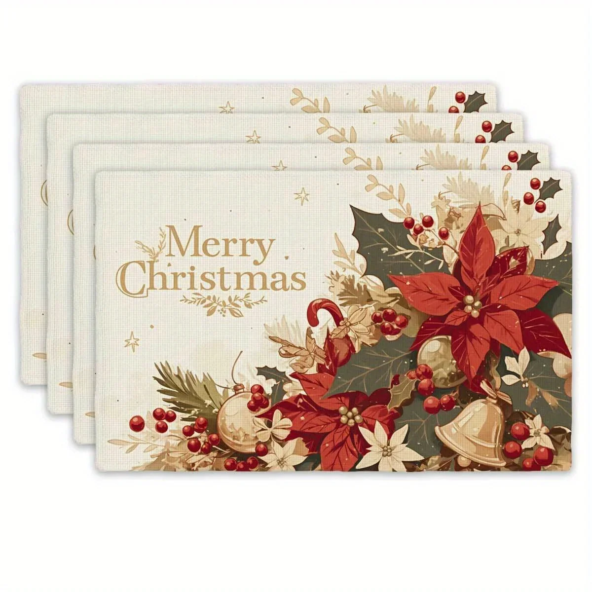 4pcs Retro Red and Green Poinsettia Bell Placemats, Holiday Decor for Family Dining and Christmas Parties
