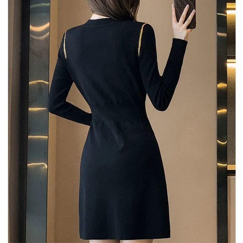 Spring Fashion Elegant Chic Chain Button Black Party Knitted Dresses Women V Neck Long Sleeve Slim Basic Mini Dress Clothes 2023