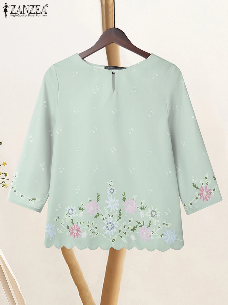 

ZANZEA Women Casual O Neck Long Sleeve Tops 2025 Autumn Blouses Vintage Printed Shirt Wave Cut Blusas Mujer Femme Loose Chemise