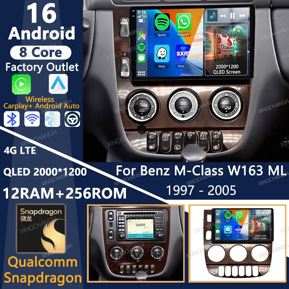 Android 16 Car Radio For Mercedes Benz M-Class W163 ML 1997 - 2005 Head Unit 4G LTE 5G WIFI Carplay Auto QLED GPS 2DIN Qualcomm