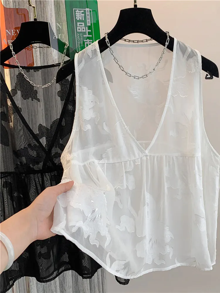 Faionable Embroidered V-Ne Ladies Vest Top Summer Outerwear Oversize Svel Cover up Cotton Polyester Blend