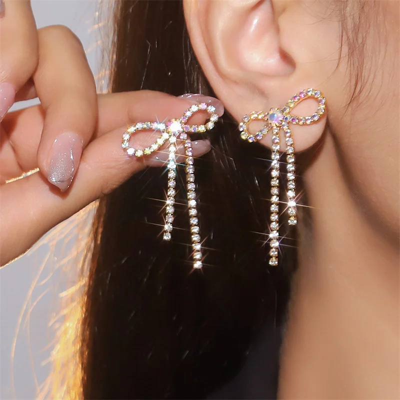 Elegante Strass-Schleifen-Quasten-Ohrringe für Frauen, lebendige, zarte, bunte Kristall-Quasten-Ohrringe, Party-Schmuckzubehör – Detail 12