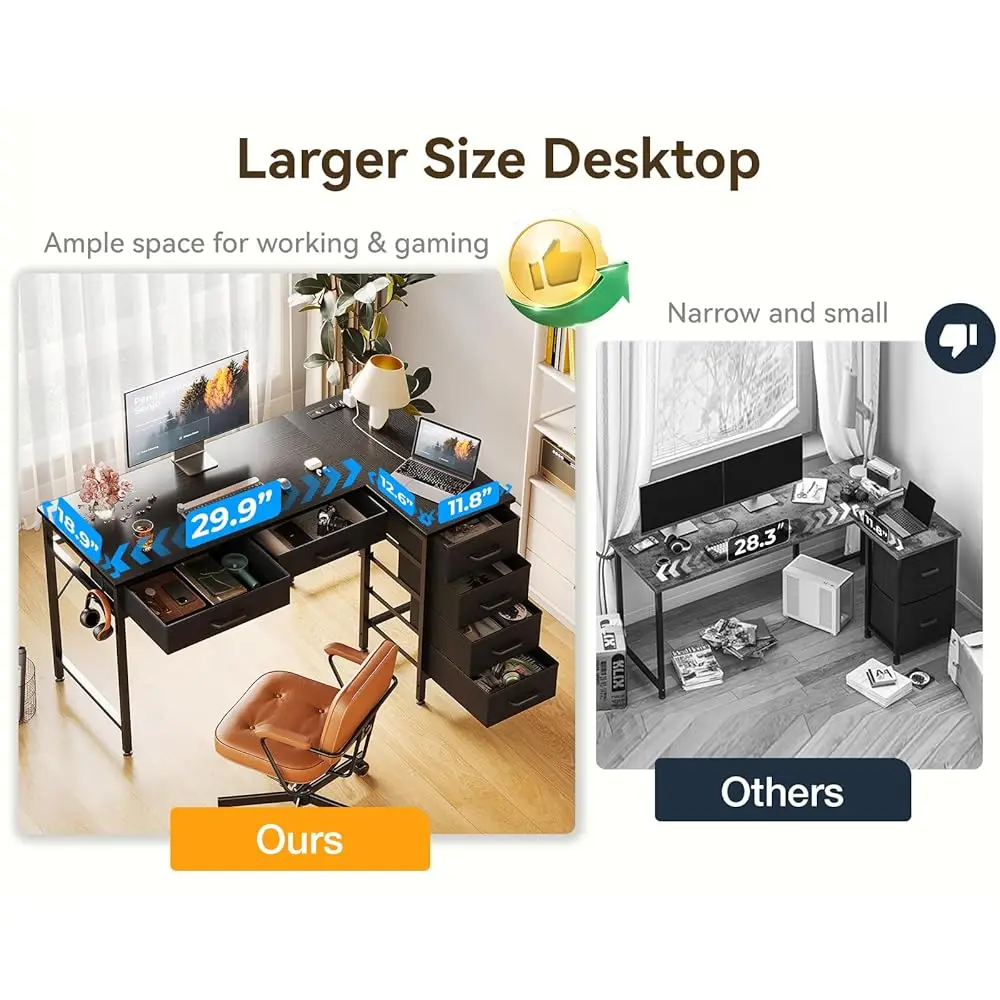 42 H L Shaped Desk With Drawers, Computer Desk With Power Outlets, Home Office Desk With 6 Drawers, Reversible Corner Desk For