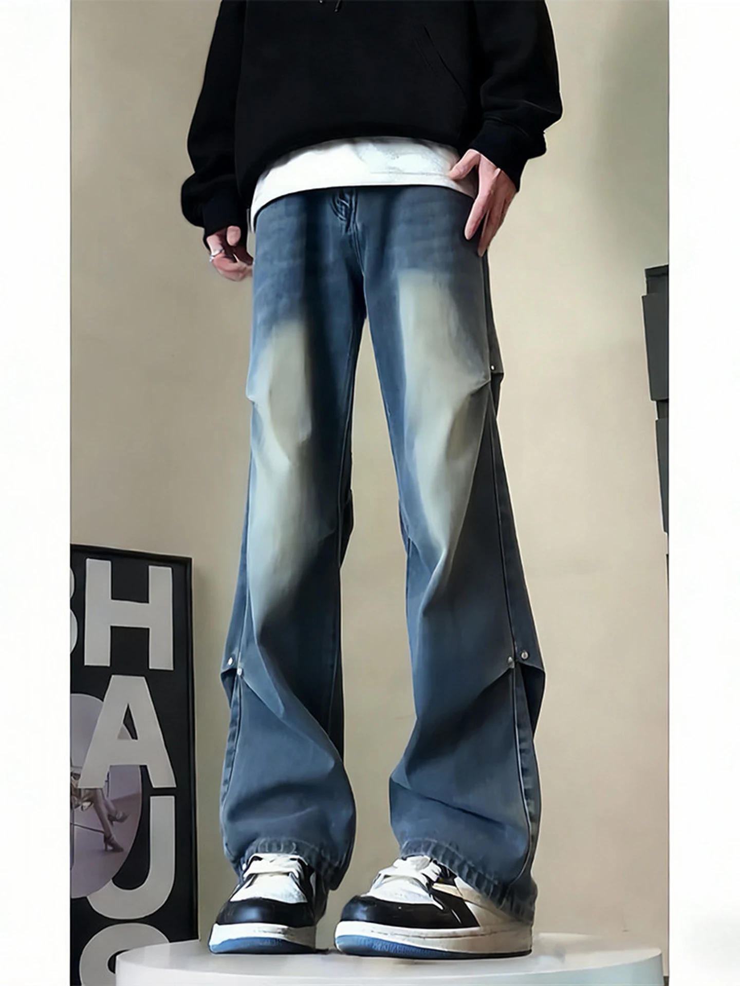 

American Retro Blue Folded Knife Men's Jeans Straight Leg Workwear Long Trousers Spring Autumn Trend Brand Youth Leisure