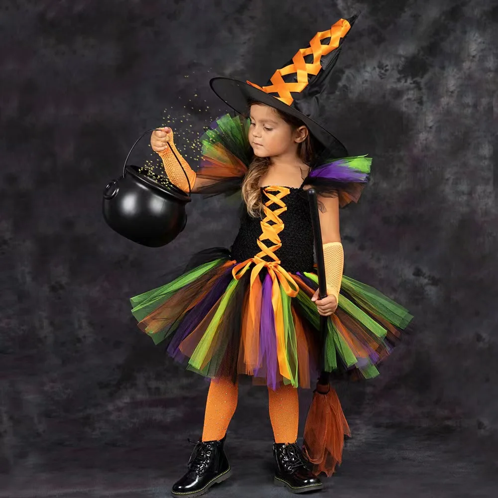 Purple Kids Girls Halloween Fairy Party Dresses with Hat Black Witch Toddler Baby Girls Birthday Cosplay Costumes Children Dress