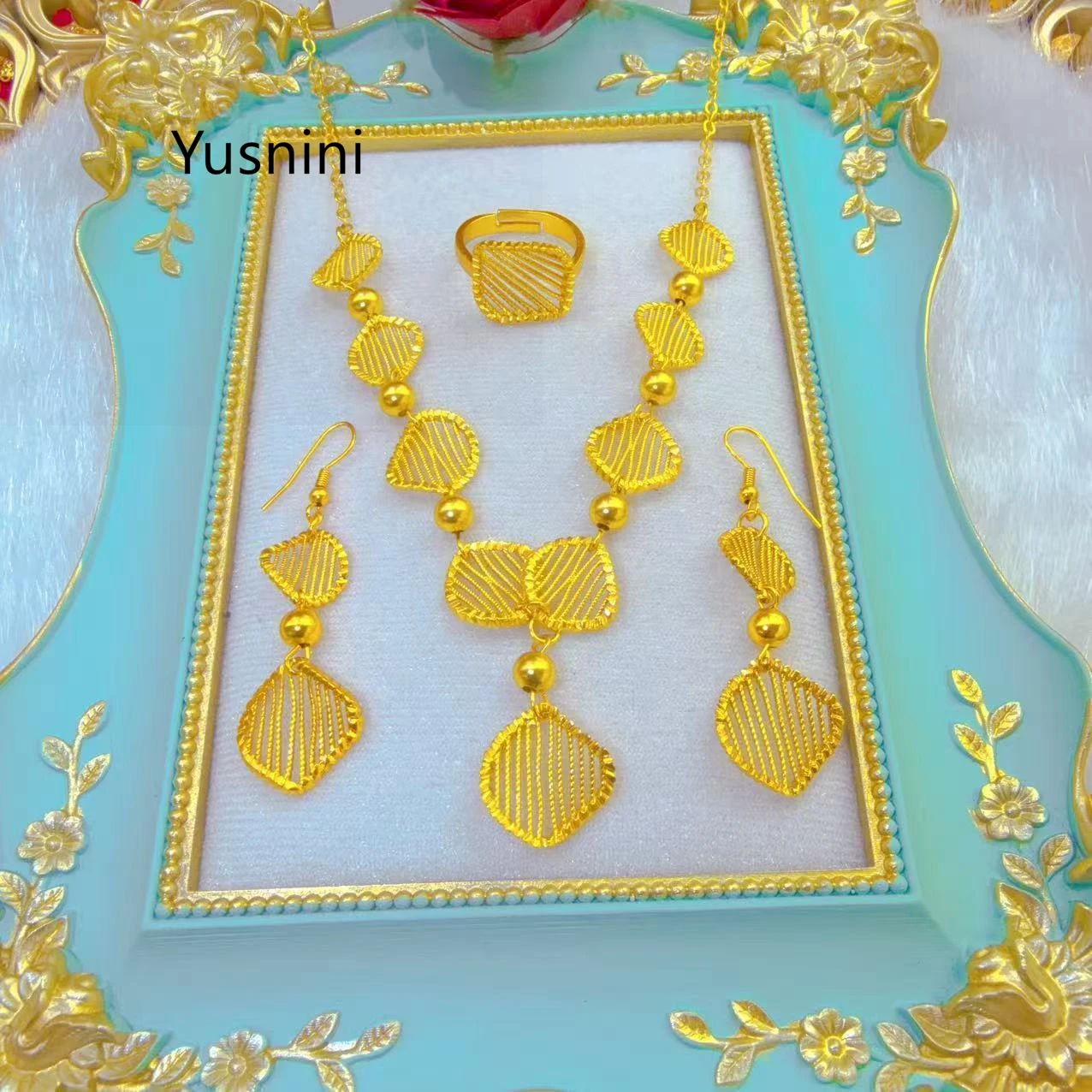 

New Dubai Fashion Premium 24K Gold Plated Necklace Earrings Rings Exquisite Engagement Party Jewelry Set for Beloved