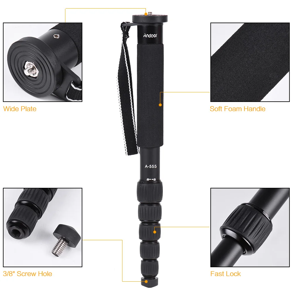 Andoer A-555 6-Section Compact Portable Photography Aluminum Alloy Monopod Unipod Stick for Nikon Canon Sony Pentax Camera