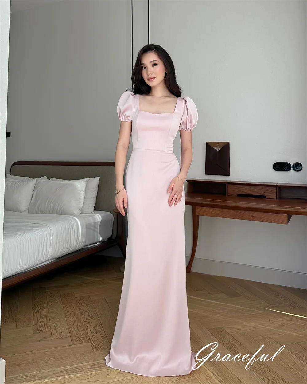 Vestido de noche de satén rosa Simple personalizado, vestido de fiesta de manga corta con cuello cuadrado a la moda, largo hasta el suelo Formal, Celebri