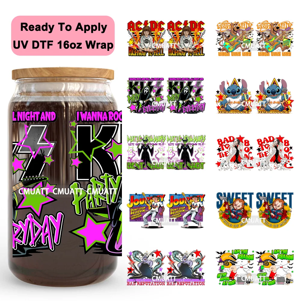 

Retro Horror Movie Halloween Cartoon Characters UV DTF Cup Wrap Ready To Apply Transfer Sticker For Libbey Glass Can 16OZ Wraps