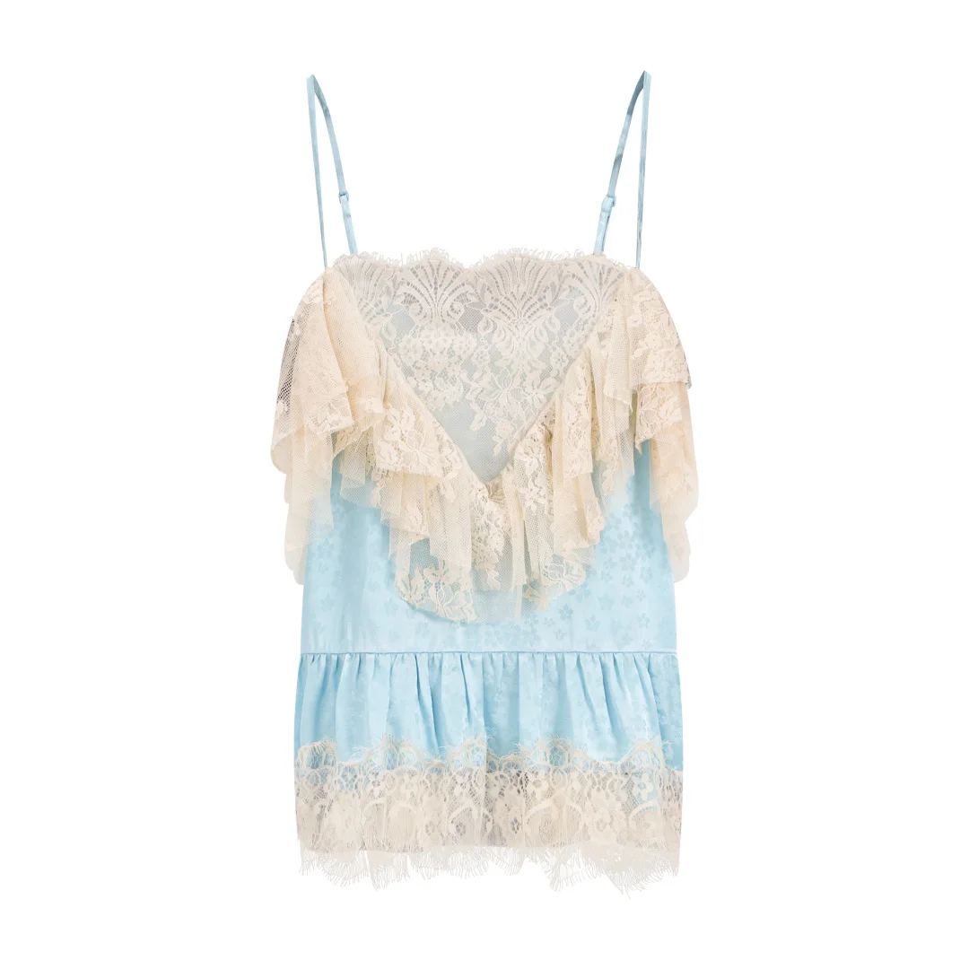 

Women Lace Ruffle Cami Top - Cotton Blend Spaghetti Strap Camisole Vintage Frill Trim Y2K Tank Tops for Summer 2026