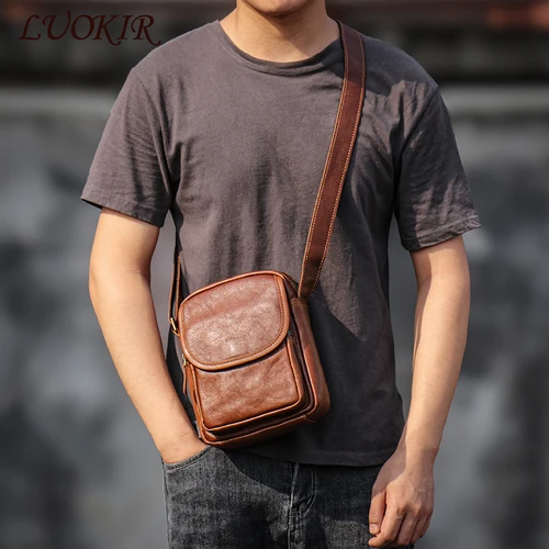 Imagen 1 del producto LUOKIR, bolso cruzado para hombre, bandolera de cuero auténtico, bolsos pequeños de piel de vaca Retro, bolso informal con personalidad para iPad de 7,9 pulgadas