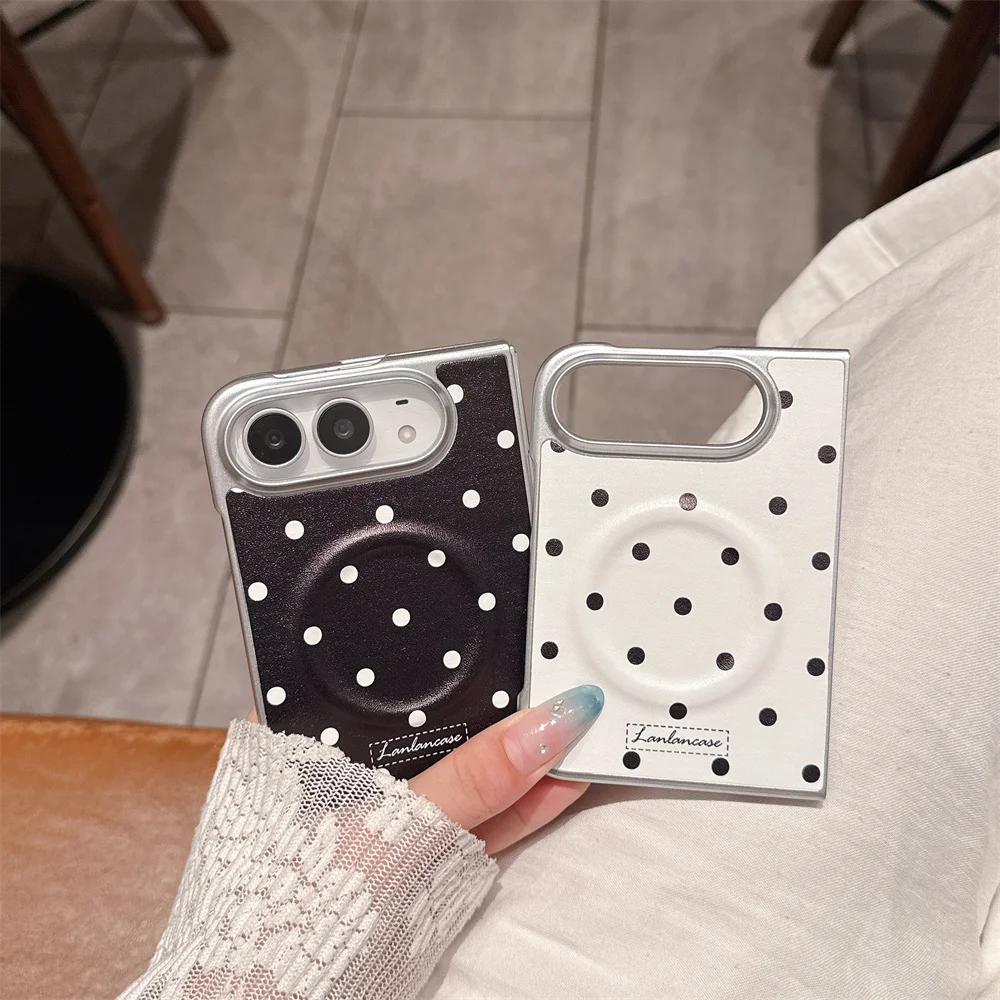 Fashion Cute Black white pink polka dots Cortex Magnetic stand phone case For iPhone Duo Shockproof Cover For Magsafe Cases