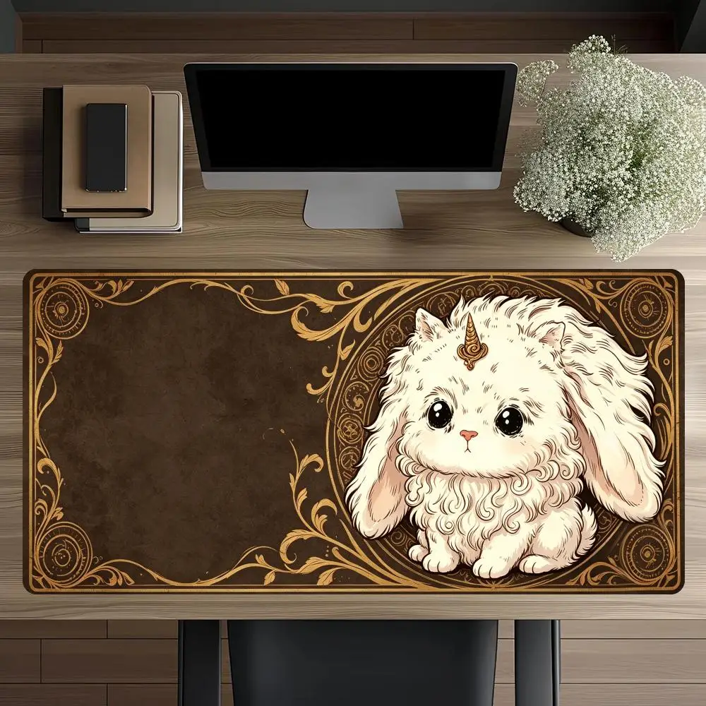 Beige-brown split gilded leaf frame fluffy lamb playmat vintage storybook aesthetic desk pad