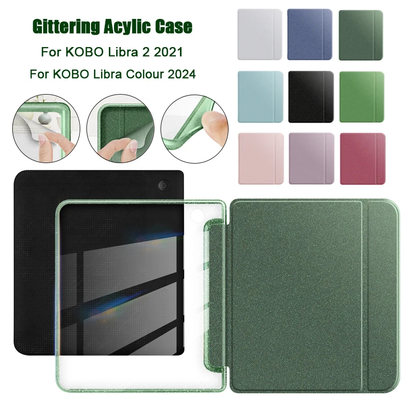 Slim PU Leather Cover For KOBO Libra Colour 2024 Libra 2 2021 7'' N428 N418 Smart Case Gittering Clear Acrylic Back Funda Cover