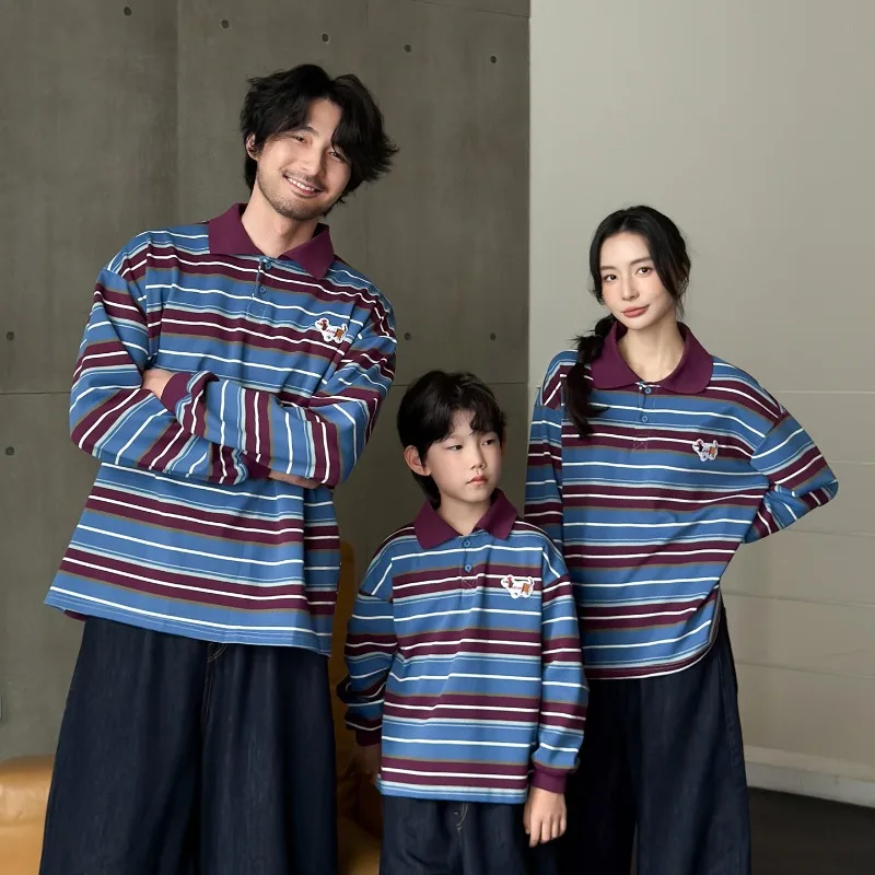 Family Matching Outfits Striped Polo Shirt Long Sleeve T-shirt Mother Father Kids Top Autumn Family Look Mommy Daddy Me Clothes