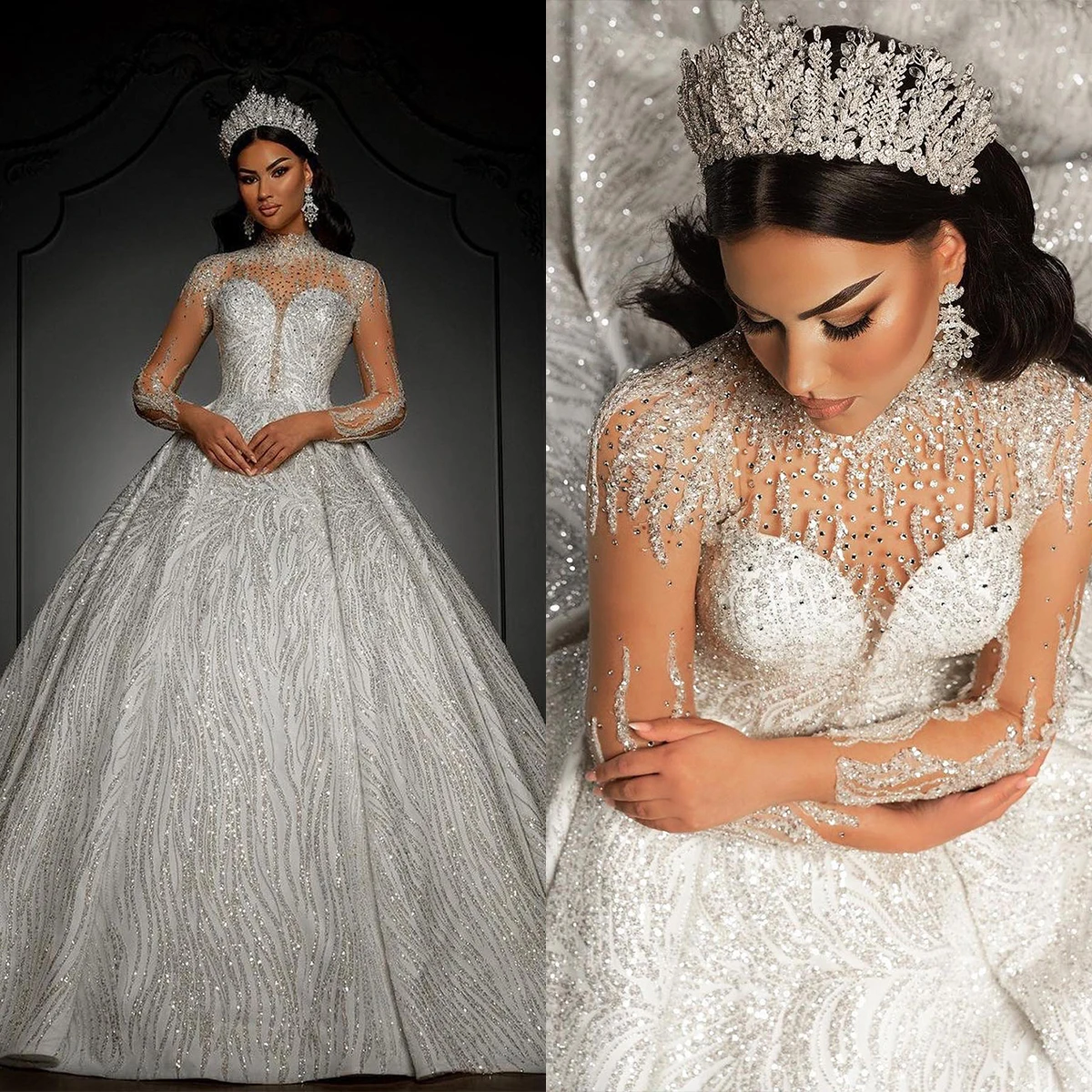 Luxury Wedding Dresses Ball Gown High Collar Crystals Long Sleeves Lace-Up Back Customized Bridal Gowns Robes De Mariée