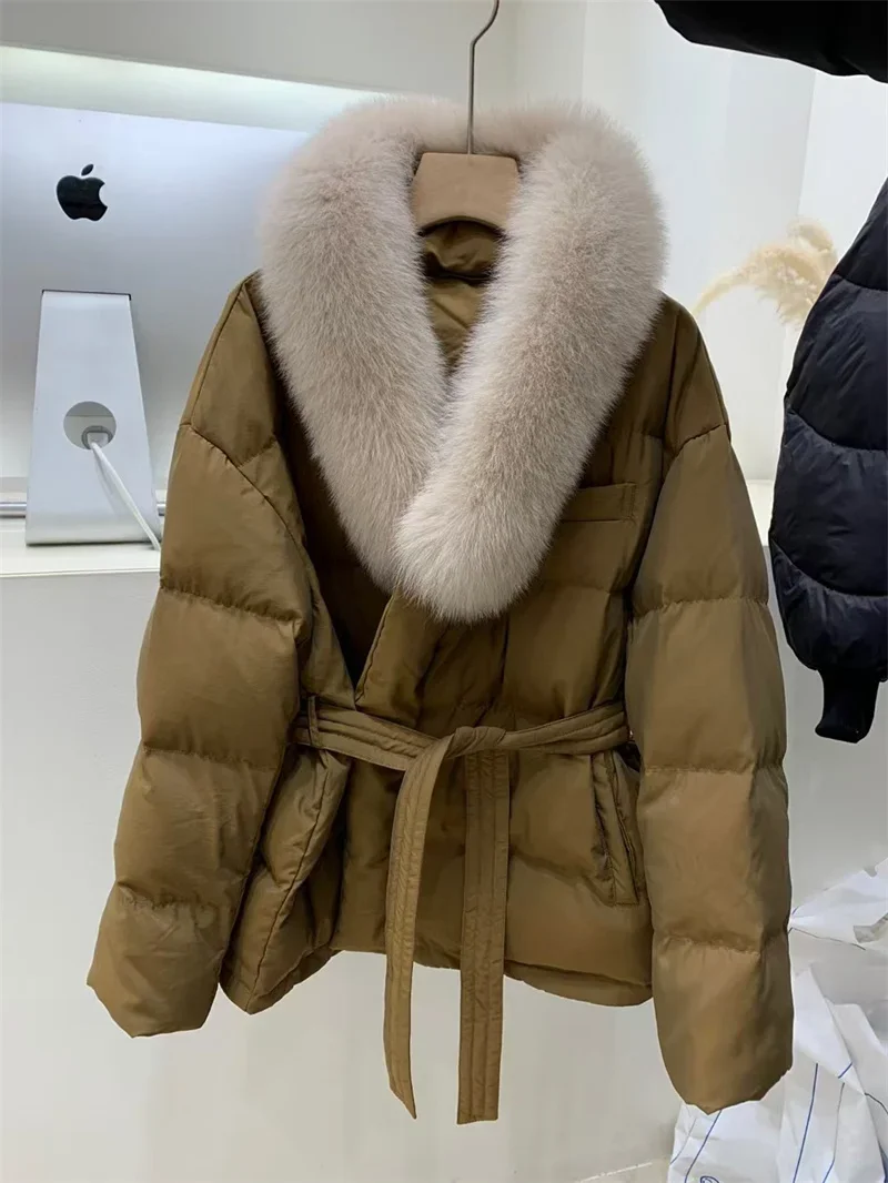 Real Fox Fur Collar Winter Women White Duck Down Short Jacket Belt Female Thick Warm Coat Luxury Slim Outerwear