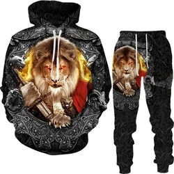 Outono 3d impresso feroz leão tigre pulôver + moletom 2 peça conjunto casual oversized agasalhos streetwear hoodies terno