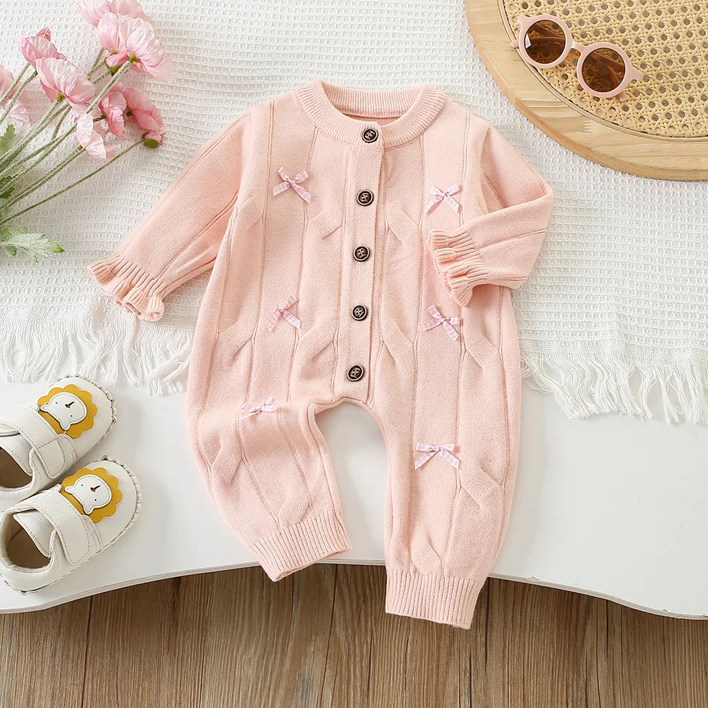 Girls' Onesie 2026 Autumn and Winter New Children's Wear Korean Style 3-24 Months Baby Solid Color Small Bow Knit Onesie