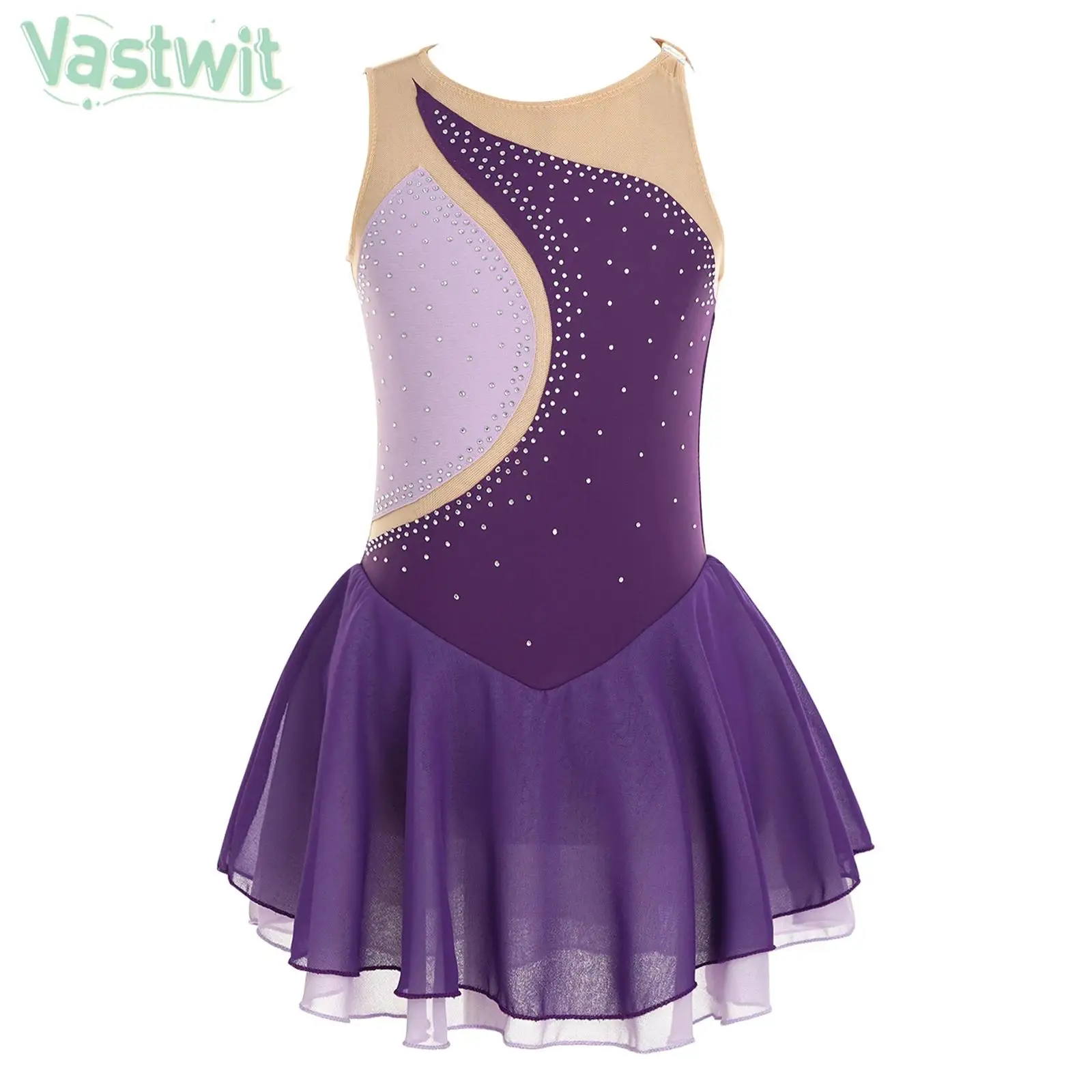 Children Girls Figure Skating Dance Dress Ballet Gymnastics Acrobatics Costume Sleeveless Rhinestone Sheer Mesh Leotard Tutu