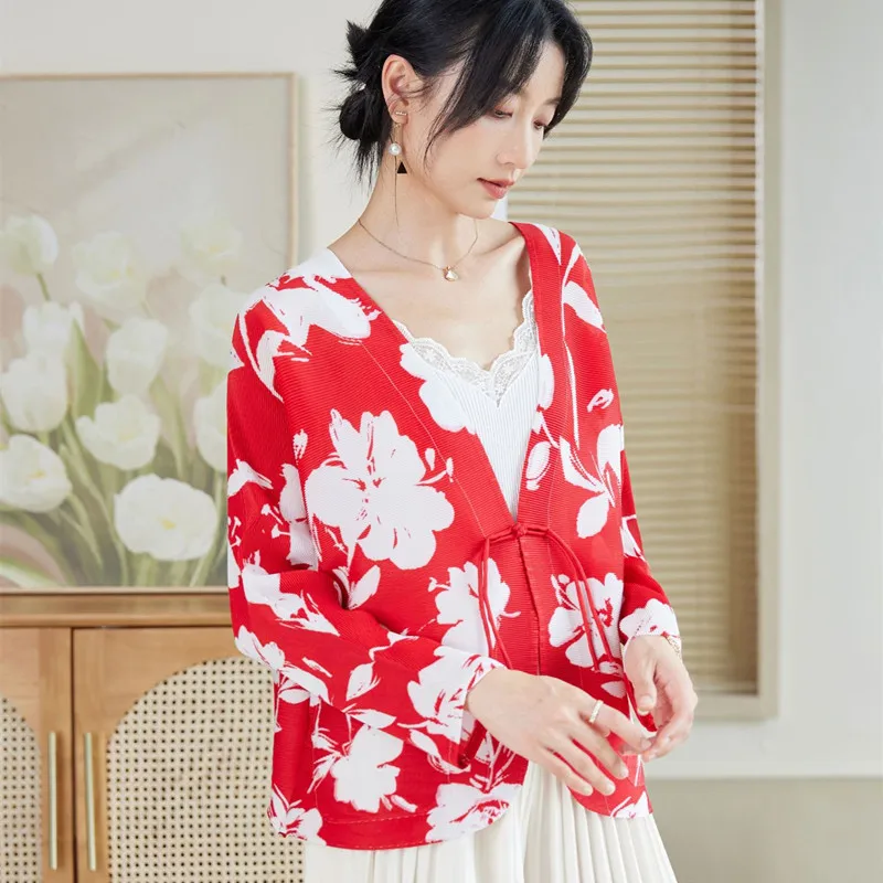 Top Red Women Spring And Autumn Long Sleeve Fashion Flower Printed Single Button Stretch Miyake Pleated Loose Chinese Style Coat