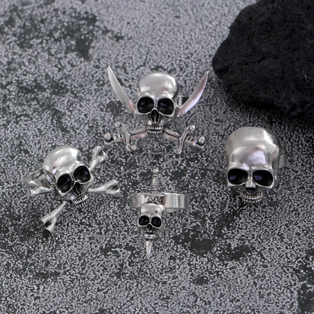 Punk Exaggerated Sliver Color Stereo Skull Open Ring for Men Women Hip-hop Gothic Halloween Party Finger Jewelry Accessory Gift