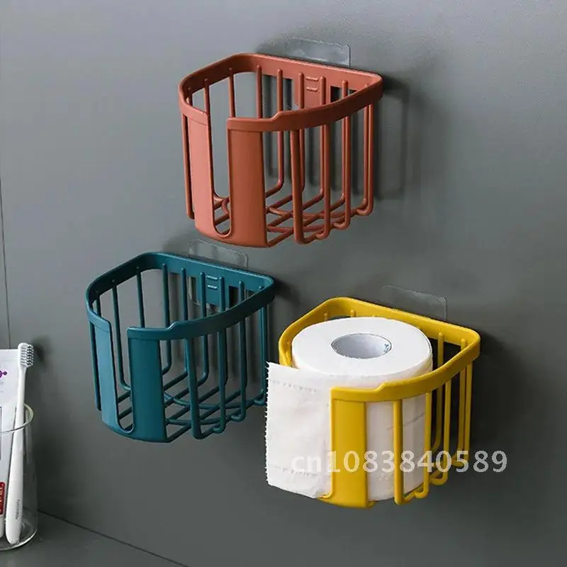 Toilet Paper Holder Tissue Rack Wall Mounted Bathroom Kitchen Roll Holder Adhesive Hanging Tissue Basket Drainage Storage Shelf