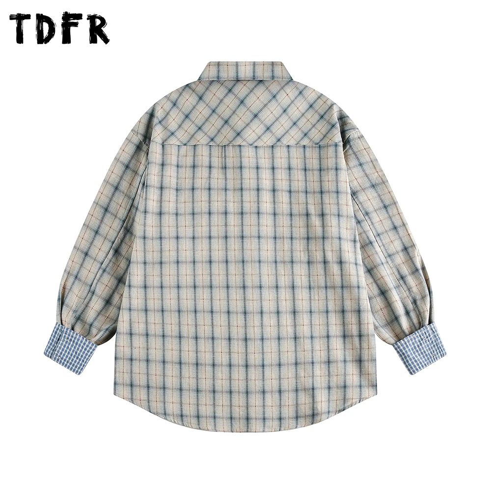 Camisas xadrez de bolso de retalhos dos homens retro casual outono solto único breasted lapela manga longa camisas de algodão homem