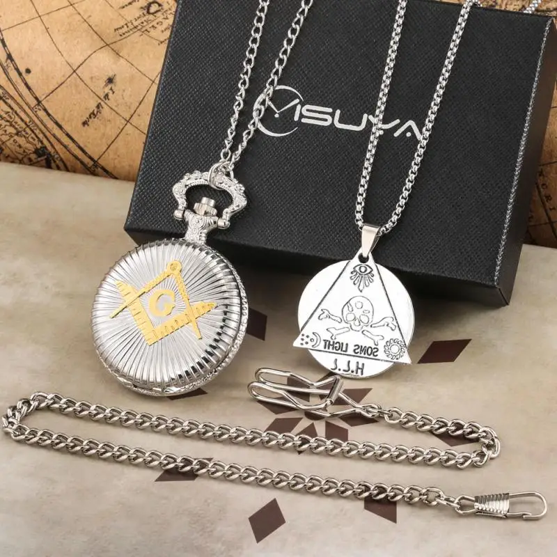 Luxury Silver Masonic Freemasonry Chrome Quartz Pocket Watch Set Eye Triangle Design Stainless Steel Necklace Pendant Gifts Sets