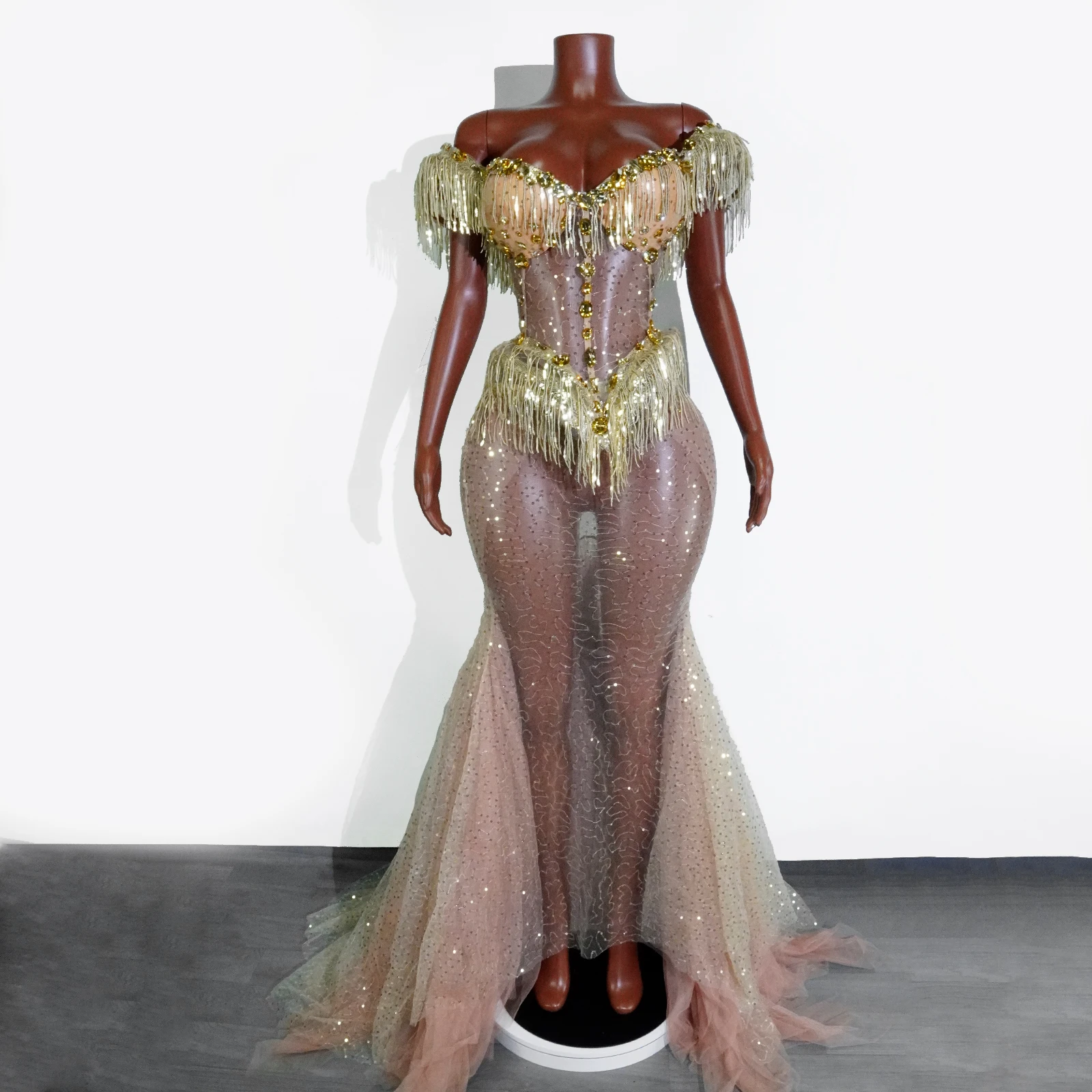 

Luxury Gold Tassel Sequin Rhinestone Mermaid Long Dress Women Sparkle Crystal Sexy Seethrough Birthday Party Wedding Costume