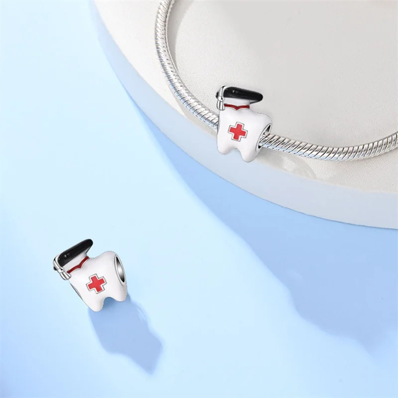 

925 Sterling Silver Medical Graduate With White Teeth Charms Beads For Women Fit Original Bracelet DIY Jewelry Gifts